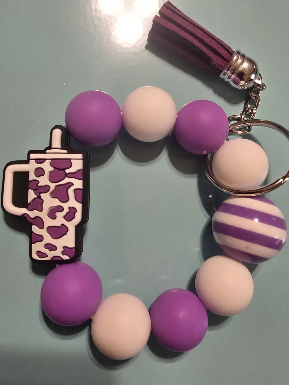 Purple and White Tumbler Beaded Keychain Wristlet with Tassel